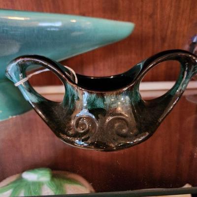 Brown and Green Dripware Pottery Sugar Bowl and Creamer Set