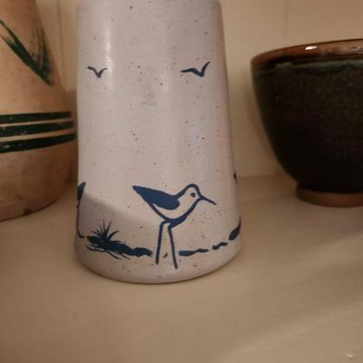 Vintage Sanibel Pottery Vase Utensil Holder Blue Seagull Birds Speckled USA