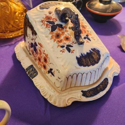 Antique Lidded Butter/Cheese Dish Hand Painted 