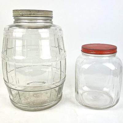 #217 • Vintage Duraglas Pickle Barrel Jar And Vintage Square Clear Glass Jar With Red/Orange Lid
WWW.LUX.BID