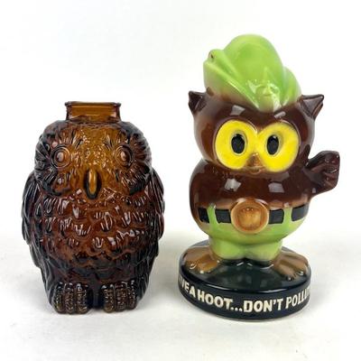 #176 • McCoy Woodsy Owl "Give A Hoot...Don't Pollute" Coin Bank And Vintage Amber Glass Wise Old Owl Coin Bank
WWW.LUX.BID
