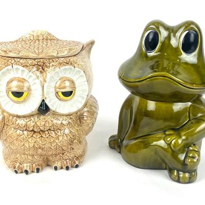 #115 • Two Vintage 1970's Ceramic Cookie Jars- Sears Roebuck Neil The Frog And Double Sided Sleepy Owl
WWW.LUX.BID