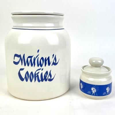 #248 • "Marion's Cookies" Clay Crock Cookie Jar And Morton Salt Sugar Bowl
WWW.LUX.BID