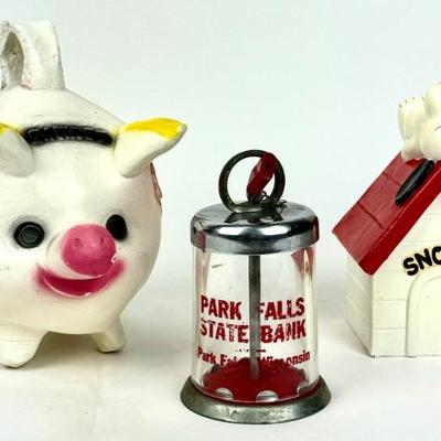 #246 • Chalkware Pig, Promotional Glass and Metal, and Plastic Snoopy Bank
WWW.LUX.BID
