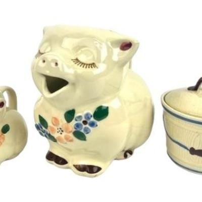 #285 • Shawnee Smiley Pig Pitcher, Creamer Pitcher And Shawnee Grease Bucket Sugar Bowl
WWW.LUX.BID