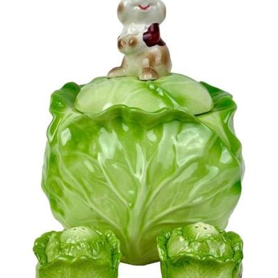#262 • Metlox Bunny on a Cabbage Cookie Jar & Matching Salt & Pepper Shakers
WWW.LUX.BID