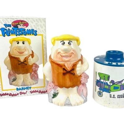 #330 • "Barney" The Flinstones Hanna-Barbera Cookie Jar And 1970's Ransburg Metal Canister Airplane "u.s....