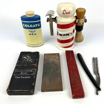 #78 • Vintage Barber Shaving Accessories - Blade Holder, Talc, Sharpening Stone & Straight Blade
WWW.LUX.BID