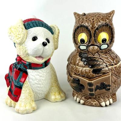 #121 • Two Ceramic Cookie Jars - Christmas Puppy & Wise Owl
WWW.LUX.BID
