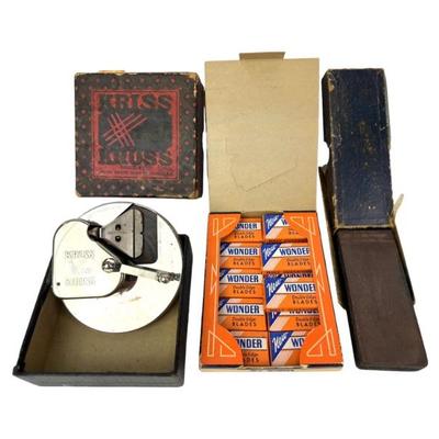 #254 • Vintage Shaving / Barber Kriss Kross Sharpener, Wonder Blades & Sharpening Stone
WWW.LUX.BID