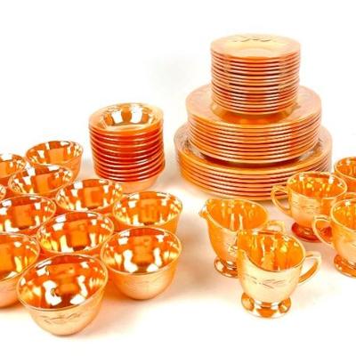 #177 • Fire King Peach Luster Dinnerware With Laurel Leaf Pattern- 51 Pieces
WWW.LUX.BID