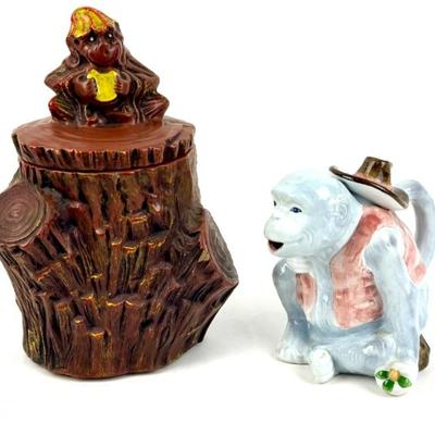 #75 • McCoy Monkey on a Stump Cookie Jar & Cowboy Monkey Ceramic Teapot
WWW.LUX.BID
