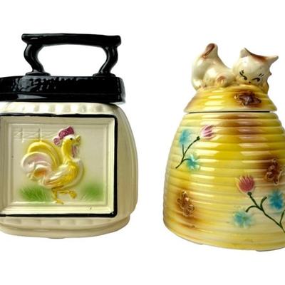 #266 • 2 American Bisque Cookie Jars - Kitty on Beehive and Black Iron on Rooster
WWW.LUX.BID