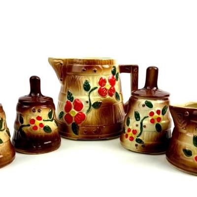 #12 • Vintage American Bisque Butter Churn Pitcher, Creamer, Sugar Bowl, Salt & Pepper Shakers
WWW.LUX.BID