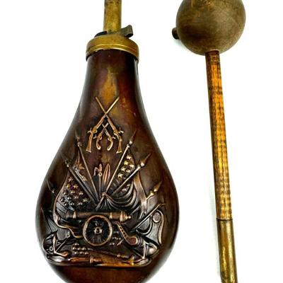 #208 • Civil War Era Brass Black Powder Gun Flask & Vintage Ball Bullet Starter
WWW.LUX.BID