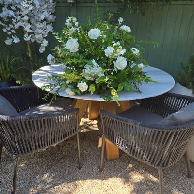 55" marble table on wide modern FSC teak legs