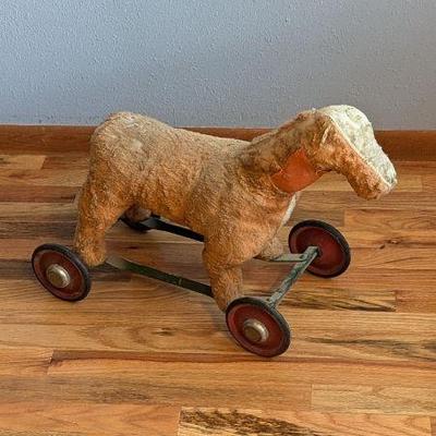 Antique Mohair Straw Stuffed Riding Horse Toy on Wheels
