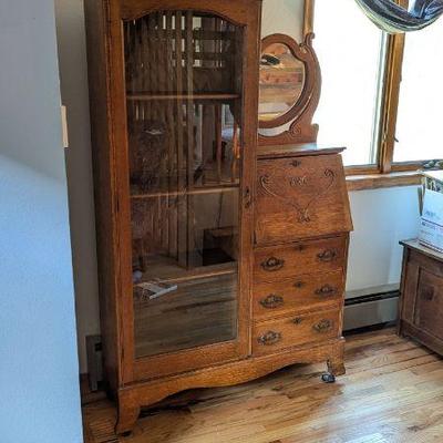 Antique Wooden Curio Cabinet and Secretary Desk with Mirror