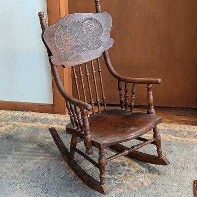  Antique Wooden Children's Rocking Chair with Engraved Backrest