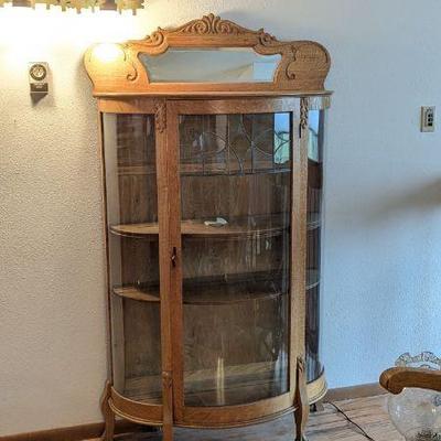 Antique Curved Glass Oak Curio Cabinet