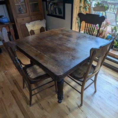 Antique Dining Table and Chairs Set - Wooden Table with Detailed Carved Chairs