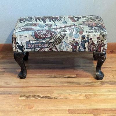 Vintage Footstool with New Orleans Jazz Fabric Upholstery