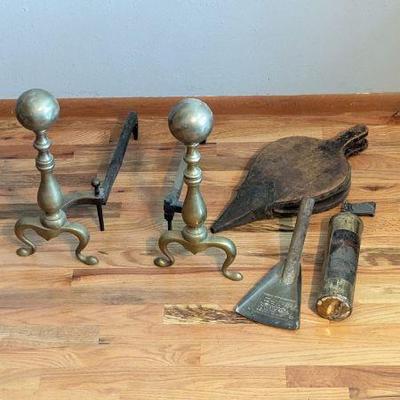Vintage Fireplace Tools Lot - Andirons, Bellow, Shovel, Antique Fire Extinguisher
