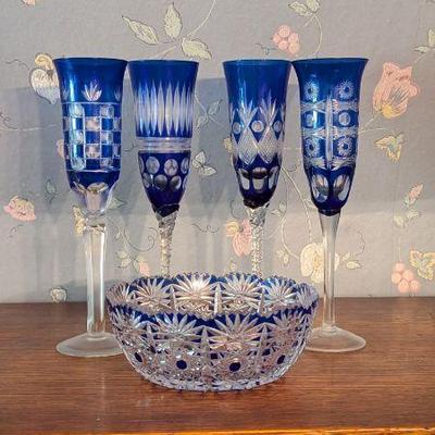 Antique Bohemian Blue Cut to Clear Crystal Glass Set - 4 Champagne Flutes & Bowl