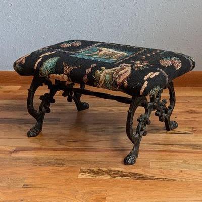  Antique Cast Iron Footstool Base with Newer Bear & Pinecone Tapestry