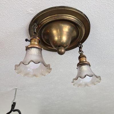Vintage Brass Double Light Fixture with Ruffled Glass Shades