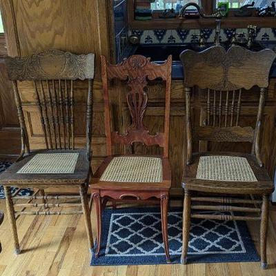 Antique Wooden Chair Collection - Ornate Carving and Cane Seats, Set of 3