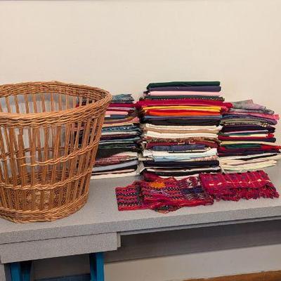 Assorted Crafting Fabric and Wicker Basket