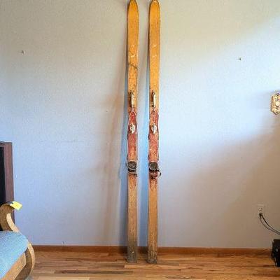 Vintage Wooden Ski Set With Metal Bindings