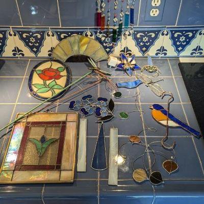 Stained Glass Art and Decorative Lot - Flowers, Dragonflies, Bird Sun Catchers & More