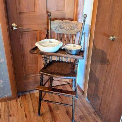 Antique Wooden High Chair with Vintage Ceramic Dishes