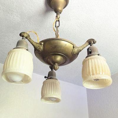 Vintage Brass & Glass Chandelier Lighting - 3 Light Fixture