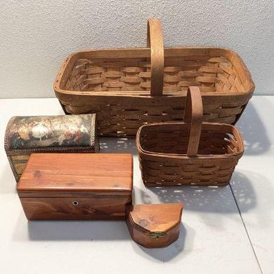 Handmade Basket & Wooden Box Collection Lot - Longaberger Baskets, Decorative Musical Box, Lane Cedar Box & More