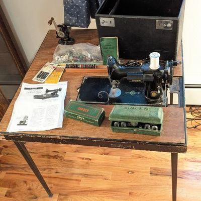 Vintage Sewing Machine Lot - Singer Featherweight Model 221-1, Folding Table, Attachments, Accessories & More