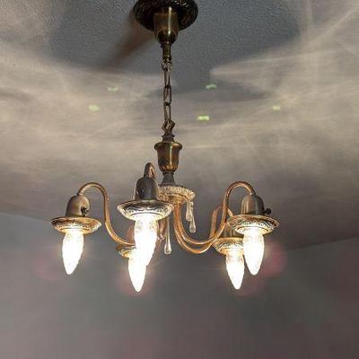 Vintage Brass Chandelier - 5-Light Fixture with Crystal Bulbs