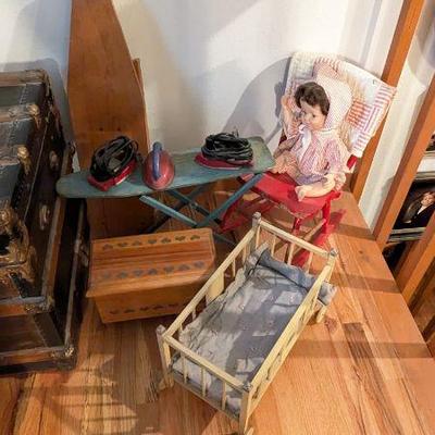  Vintage Child's Household Toys - Baby Doll, Wooden Cradle, Ironing Board, Toy Box & More