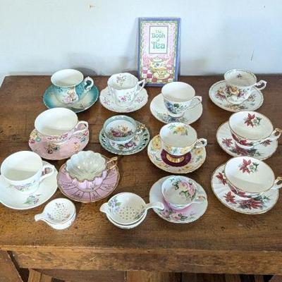 Vintage Teacup Collection - Assorted English Bone China and Porcelain Teacups with Saucers & The Book of Tea
