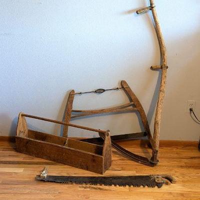 Vintage Farm Tools Lot - Crosscut Saw, Scythe, and More