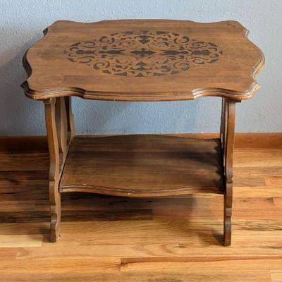  1920s Spanish Revival Carved Wood Side Table w/ Shelf Vintage Lyre Leg