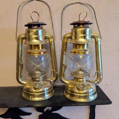 Pair of Vintage Brass Dietz Original Hurricane Lanterns