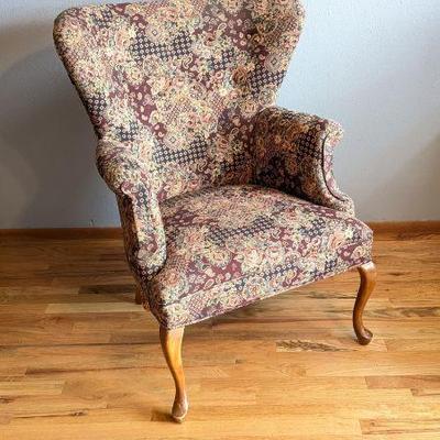 Vintage Queen Anne Style Floral Upholstered Armchair