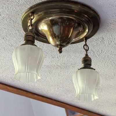 Vintage Brass Ceiling Light Fixture with Double Glass Shades