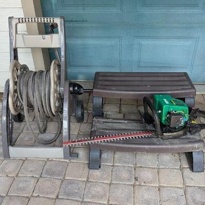 Garden Tools Lot - Hose Reel, Gas Hedge Trimmer, Steps