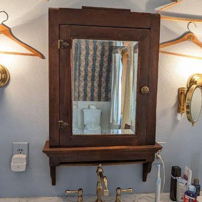 Rustic Wooden Wall Cabinet with Mirror and Shelves