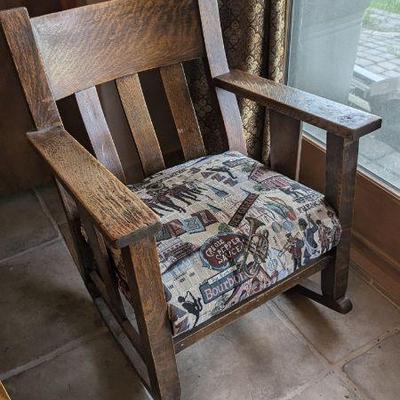 Vintage Wooden Rocking Chair with New Orleans Themed Fabric