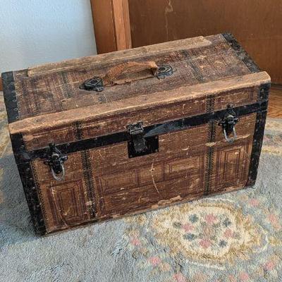  Antique Wooden Trunk with Metal Accents